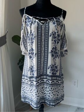Blue and White Floral Cold-Shoulder Dress